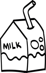 Simple black and white drawing of a milk carton with a straw. The carton is labeled "MILK" and has a wavy line indicating milk level and three bubbles on the side.
