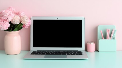 Fototapeta premium Minimalist Desk Setups for Programmers with Clean Hardware Aesthetics featuring a sleek workspace with a modern laptop, pastel-colored peripherals, and organized accessories.