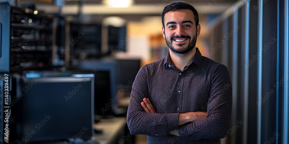 Poster portrait of a male it technician troubleshooting computer issues in an office, smiling with copy spa