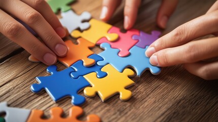 Hands assembling colorful jigsaw puzzle pieces on wooden table