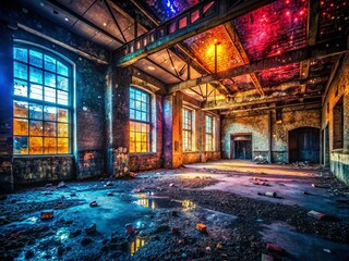 Dark Glitter Urban Exploration Photography: Abandoned Building, Mysterious Cityscape, Black Sparkle Background