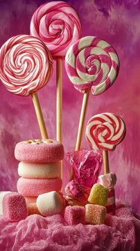 Colorful candy display featuring pink lollipops and assorted sweets on a vibrant background