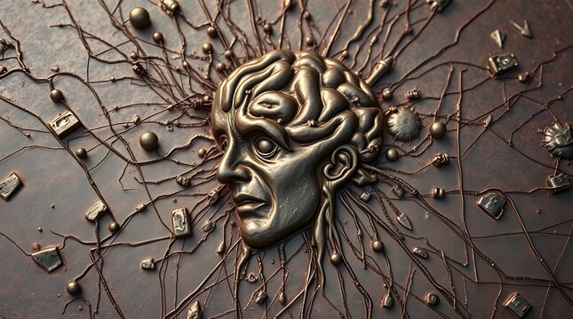 Close-up 3D artistic interpretation of a brain structure surrounded by exploding fragments and rays, symbolizing creativity, intelligence, and dynamic thought processes.