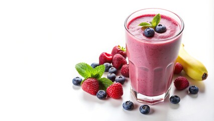 Smoothie in tall glass with berry and banana, isolated on white background