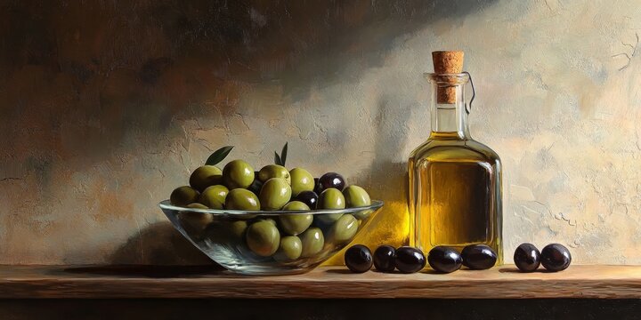 Fresh green and black olives are displayed in a glass bowl placed on a shelf next to an oil bottle, showcasing the vibrant colors and textures of the olives in an appealing arrangement.