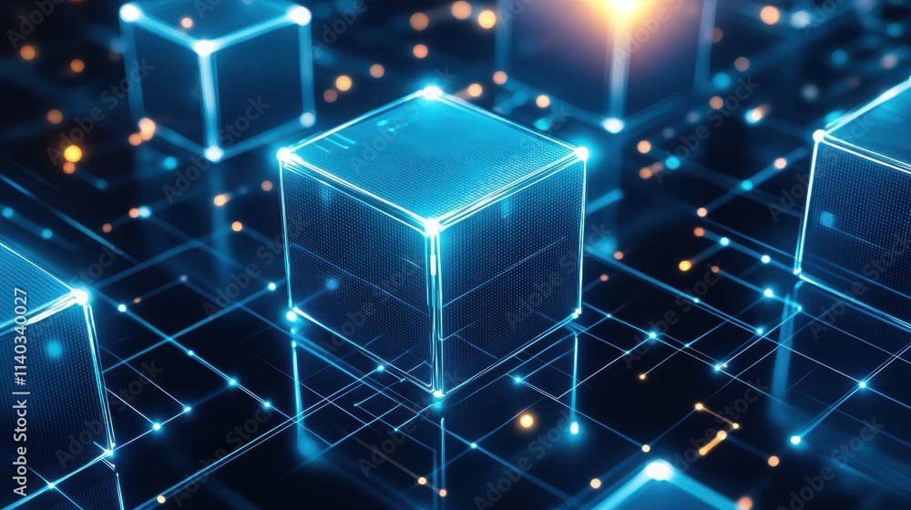 Poster futuristic glowing blocks connected by data streams, representing advanced technology and digital in