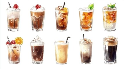 Artistic set of coffee beans and coffee cup drinks isolated on white background,hand-drawn vector,hot coffee drinks,bubble tea,cafe shop,modern flat design,Fashionable and cute coffee motif concept.