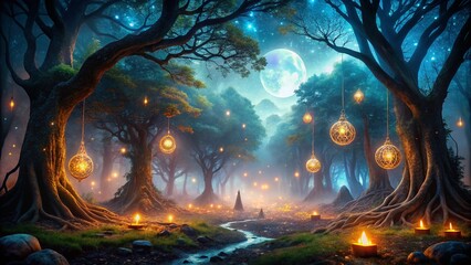 Fototapeta premium Dark Magical Night Photography: Mystical Forest, Spellcasting, Enchanted Night, Fantasy Background