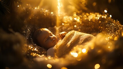 A serene nativity image of infant Jesus in a cradle illuminated by a golden light beam, creating a peaceful and divine scene