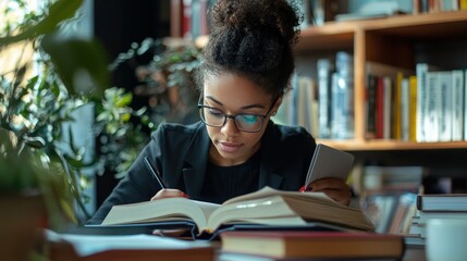 A woman reviewing her personal development plan at her desk, surrounded by books and resources for career advancement