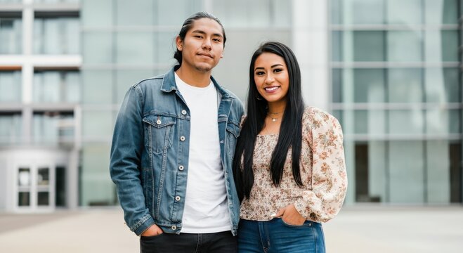 Young native american couple smiling outside modern building for lifestyle and diversity themes