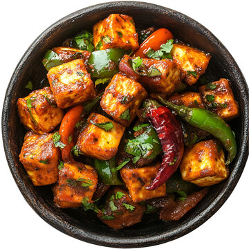Extreme top view of an extremely perfect looking paneer chilli in a dark stoneware plate isolated on a white transparent background