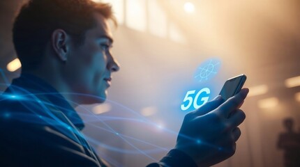 Man Uses 5G Smartphone: A man uses his 5G smartphone with a futuristic glowing effect as he smiles, showcasing the potential of next-generation connectivity. 
