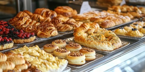 Assorted Turkish pastry products displayed at a bakery showcase, featuring traditional Turkish pastries like pogaca, borek, acma, and ay coregi, highlighting the rich Turkish pastry culture.