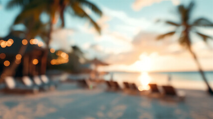 Warm string lights illuminate a blurred beach scene at sunset, featuring palm trees, deck chairs, and the soft glow of the setting sun over the ocean, creating a tranquil and inviting atmosphere
