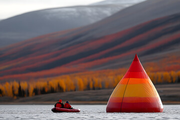 Herbstlandschaft mit roten Hügeln, Boot und großer rot-gelber Boje auf einem
