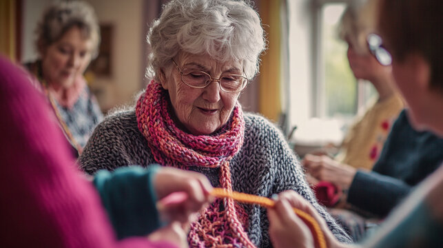 An elderly woman in a knitting circle teaching her friends how to crochet