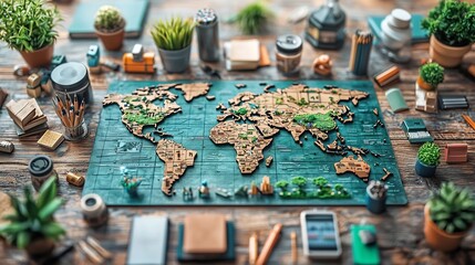 Futuristic Classroom Where Students From Different Cultures Collaborate on Holographic World Map to Build Global Solutions