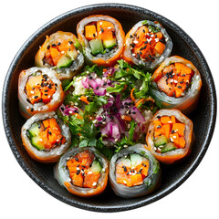 Extreme top view of an extremely perfect looking vegetable spring roll in a dark stoneware bowl isolated on a white transparent background