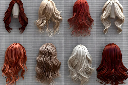 Stylish 3D hair wig mockup set, displayed against a clear background for presentations.