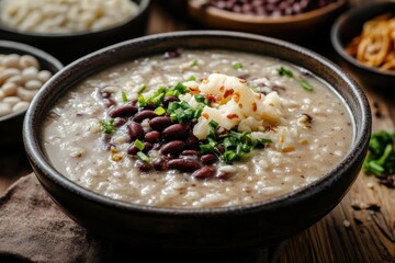 Patjuk with rice cake topping on wooden table
