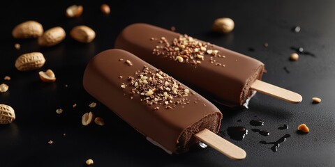 Indulge in a decadent chocolate ice cream popsicle, featuring a rich brown chocolate coating and...