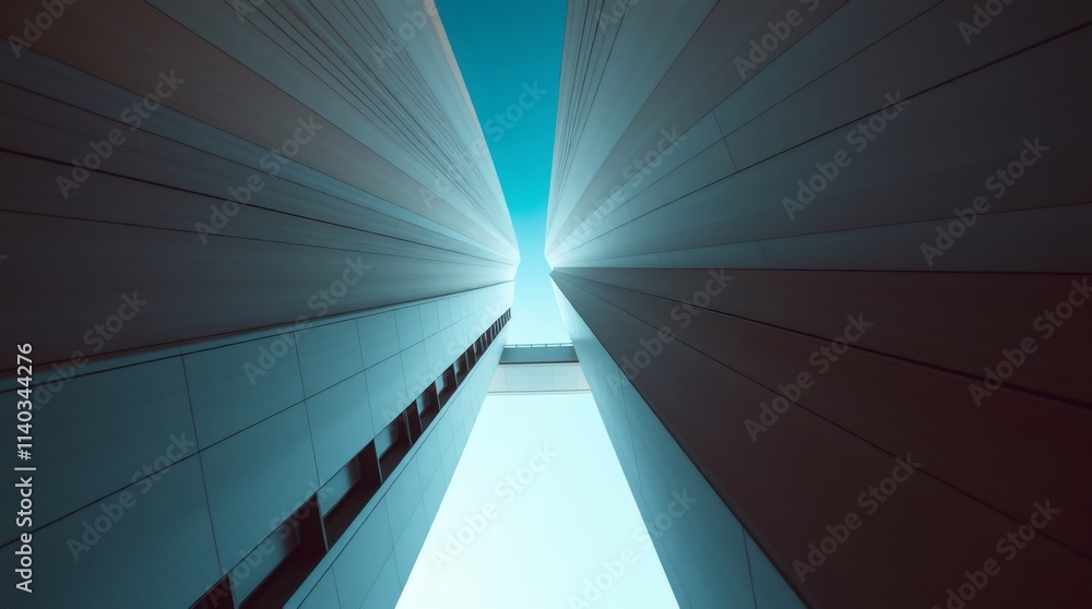Poster between buildings: a low-angle perspective shot looking up between two towering buildings, emphasizi