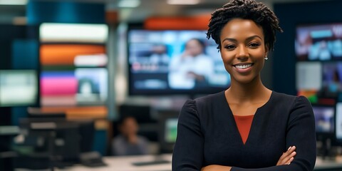 Fototapeta premium American female journalist standing in front of a news desk, preparing for live broadcast