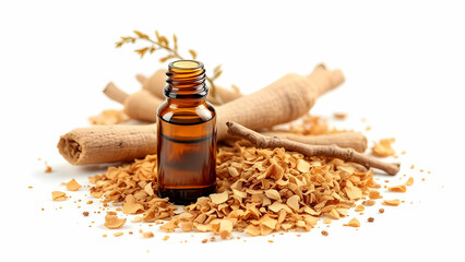 A small amber glass bottle of sandalwood essential oil, surrounded by sandalwood shavings and a small twig, arranged on a white background. The photorealistic composition highlights the textures