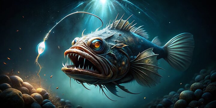 Deep Sea Anglerfish Night Photography: Bioluminescent Predator in Dark Ocean Abyss