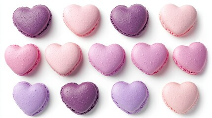 Obraz premium Pink Heart Sweet macarons isolated on a white background,Love romantic,Happy Valentines Day,Macaroons cake creative layout,Sweet collection and design element, Flat lay.