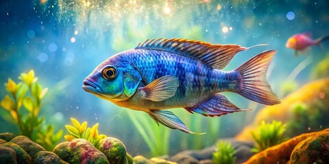 Fototapeta premium Deep Water Hap Cichlid Double Exposure: Underwater Paradise, Fish Portrait, Aquatic Life Photography