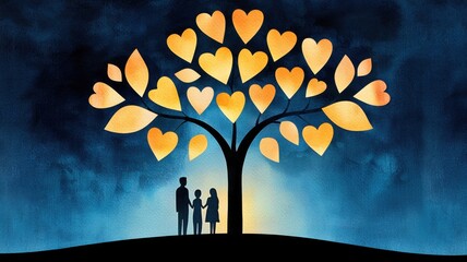 A family stands under a tree with heart-shaped leaves glowing warmly.
