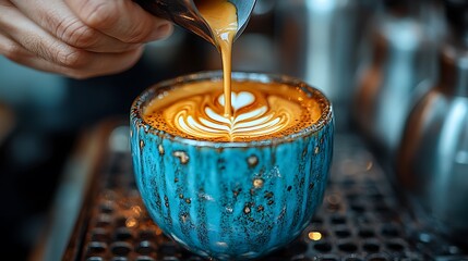 Naklejka premium Artistic Latte Pouring in a Rustic Mug by a Skilled Barista