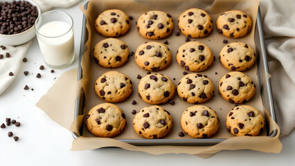A tray of perfectly baked chocolate chip cookies arranged neatly on parchment paper, with a glass of milk nearby. The setup is displayed on a clean white background