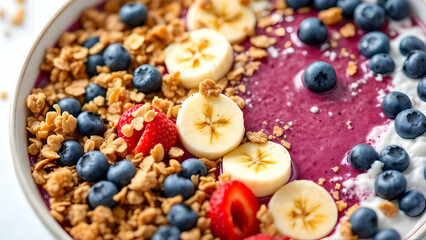 A large wooden bowl of mixed berry smoothie topped with granola, sliced bananas, and fresh blueberries. The vibrant colors pop against the clean white background