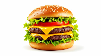 A juicy cheeseburger stacked with layers of lettuce, tomato, melted cheese, and a sesame seed bun. The burger is centered on a white background, perfect for food catalogs