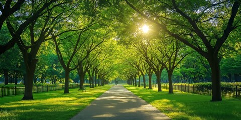 Obraz premium Lush green trees create a serene atmosphere in the park, beautifully lined along the fence, enhancing the charming scenery with vibrant green trees in every direction.
