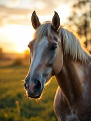 Obraz premium A close-up of a majestic horse standing in a field during golden hour. The horse’s coat gleams under the soft sunlight, and the background shows a peaceful countryside setting, with a nostalgic, sligh