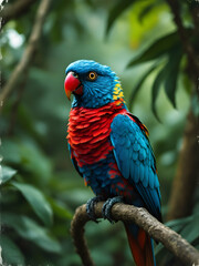 Naklejka premium A photorealistic close-up of an arara parrot perched on a branch in a tropical forest, its bright blue and red plumage contrasting with the dense greenery of its environment. The image has an analog-s