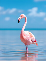 A stunning shot of a flamingo gracefully standing in a shallow lagoon, with its vibrant pink feathers contrasting with the calm blue water and sky. The image has a soft, slightly muted tone, with subt