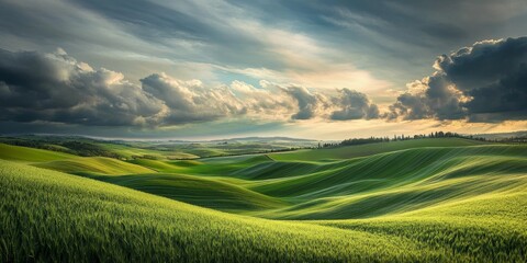 Obraz premium Vast green fields stretch beneath a cloudy sky, creating a picturesque landscape where nature thrives. This green field under the cloudy sky offers a serene and captivating view.