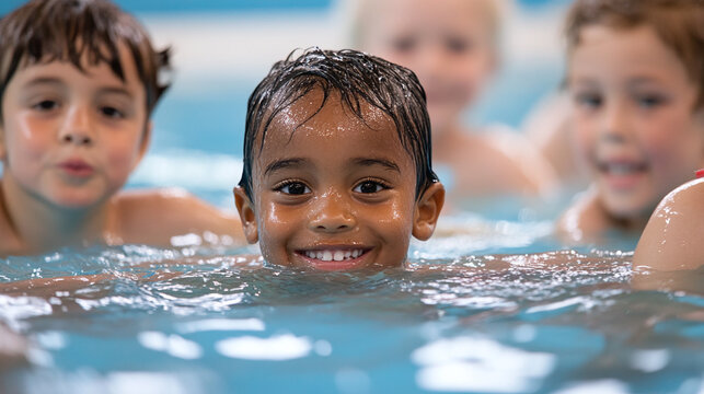 Children learning to swim during a school swim class