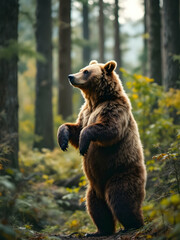 Obraz premium A stunning image of a wild bear standing on its hind legs in a forest, surrounded by tall trees and dense underbrush. The bear's fur is rich with texture, and the natural setting is captured with a so