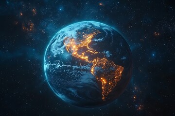 Earth at Night with City Lights and Stars