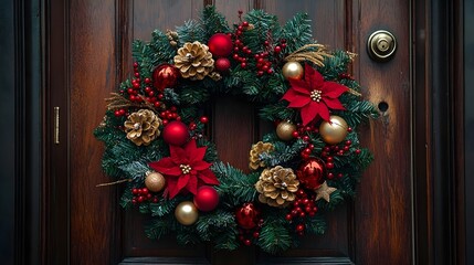 A wreath of red and gold leaves with red berries and pine cones on a door