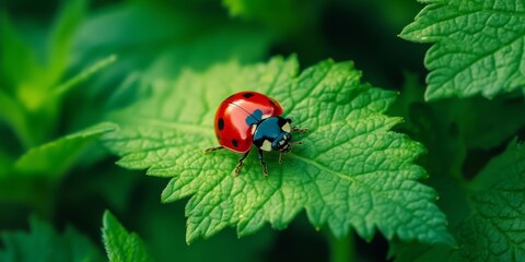 Obraz premium Closeup of a ladybug resting on a green leaf amidst lush greenery. This macro shot of the ladybug highlights the beauty of insects in their natural habitat, showcasing vibrant colors and details.