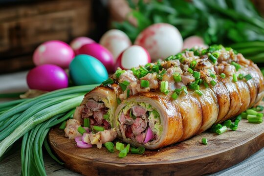 Romanian Easter dish of lamb tripe filled with minced lamb organs fresh green onions radishes and dyed eggs