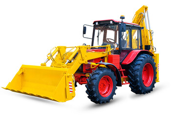 Yellow tractor excavator loader isolated on white background. Construction and agricultural machinery - bulldozer, grader.