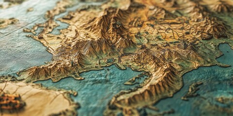 Closeup view of a geographical map highlighting distinct features. This geographical map showcases intricate details and provides a closeup perspective of the area in focus.